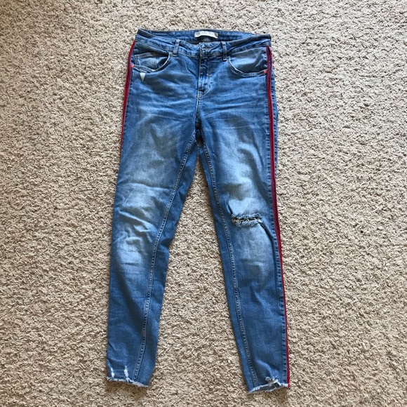 Zara Z1975 Skinny Ankle Jeans w/ Red Stripe Detail - Picture 1 of 5